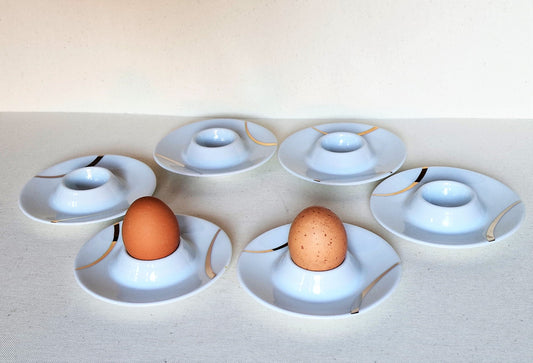 Vintage Ernest Shuman Porcelain Egg Cups, Silver & Gold Line, Set of 6