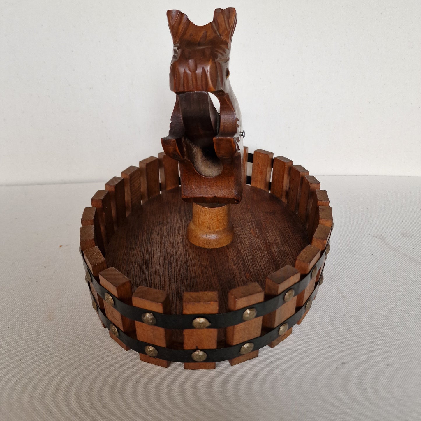 art deco NUTCRACKER SQUIRL in basket, wood, 1930's Holland