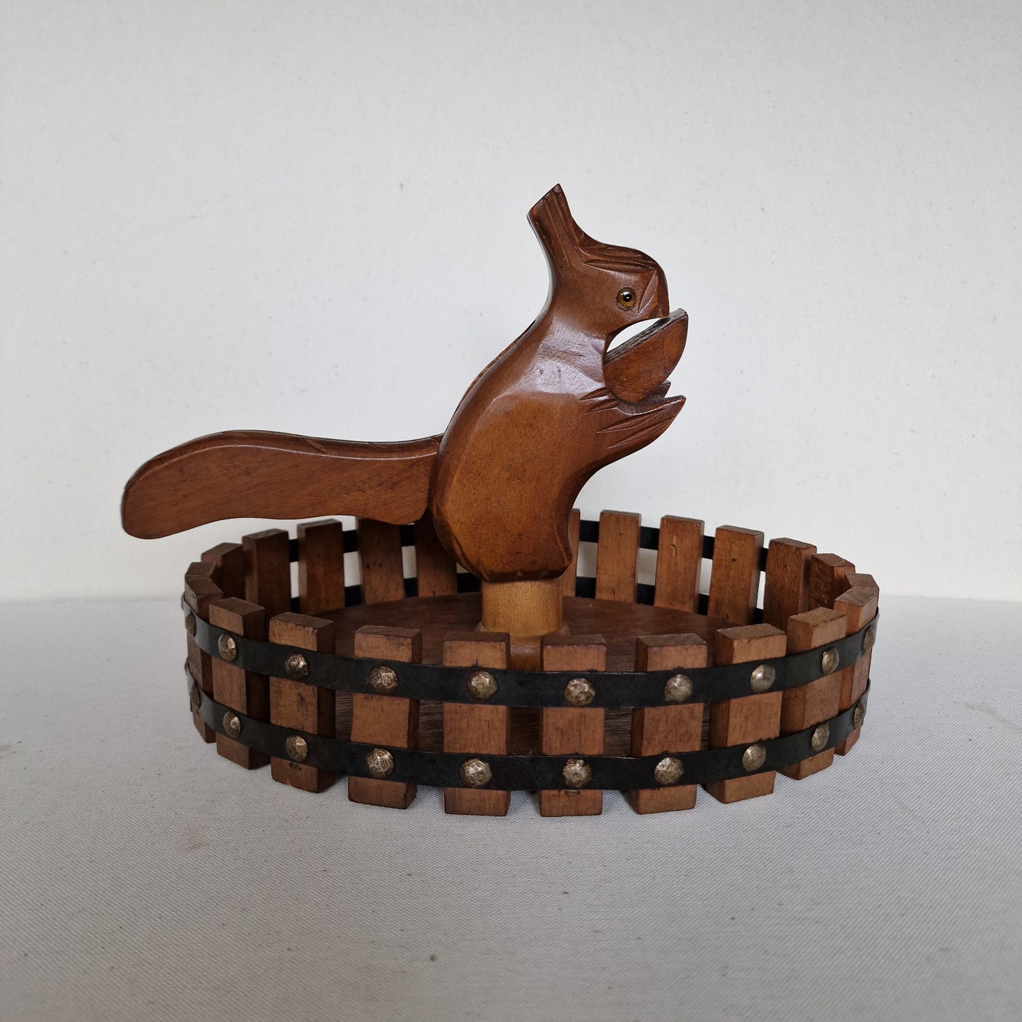 art deco NUTCRACKER SQUIRL in basket, wood, 1930's Holland