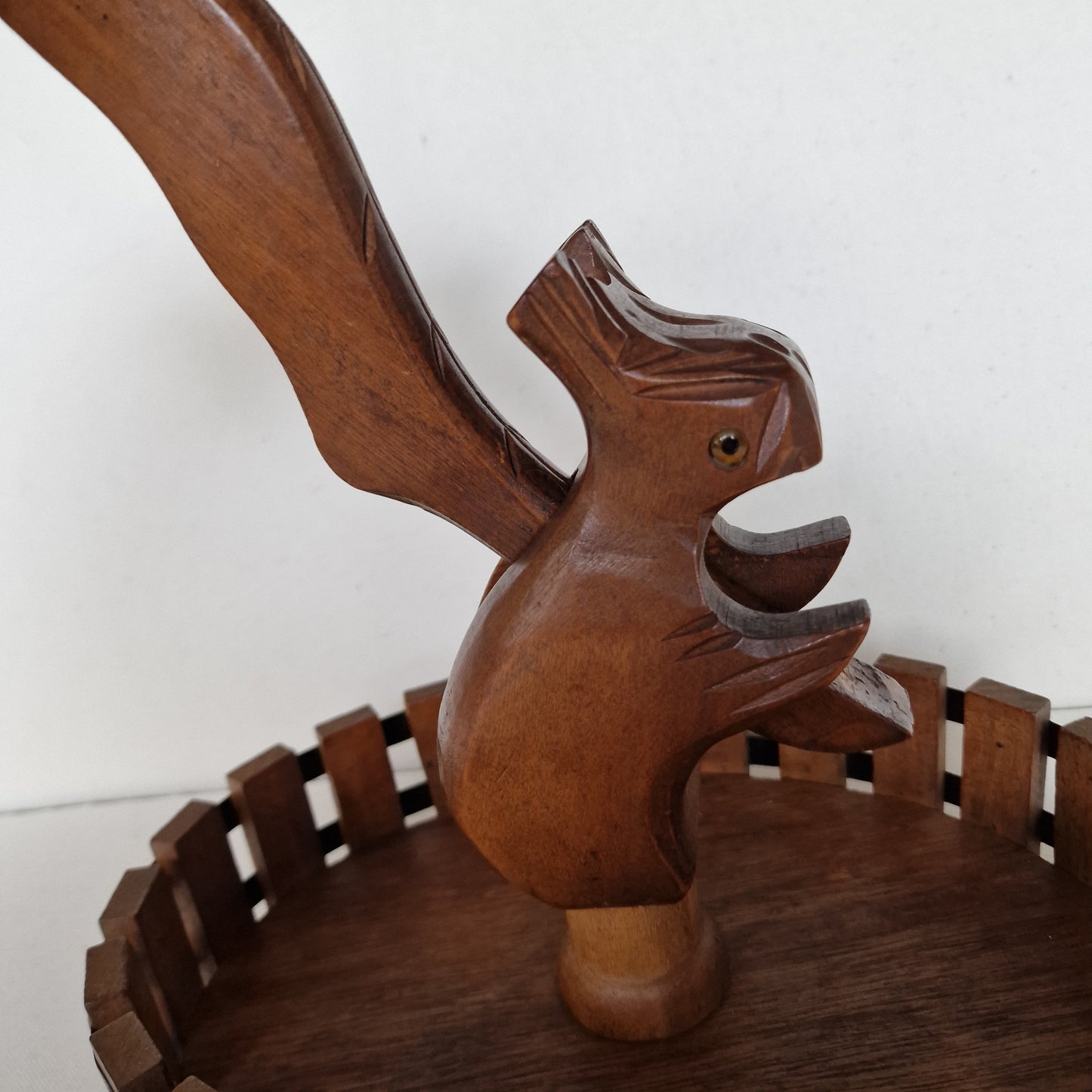 art deco NUTCRACKER SQUIRL in basket, wood, 1930's Holland
