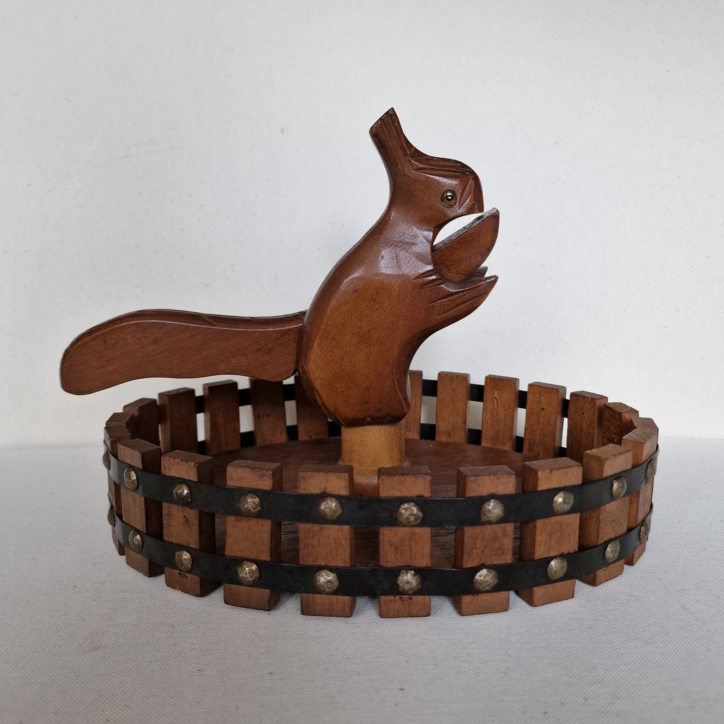 art deco NUTCRACKER SQUIRL in basket, wood, 1930's Holland