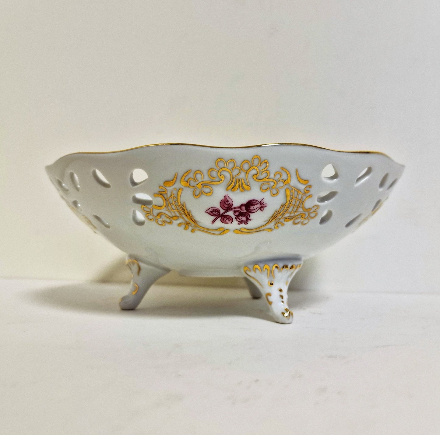 Hollohaza Hungary Pierced Dish, Plum Apponyi Floral, Gold Gild, 3-Legged