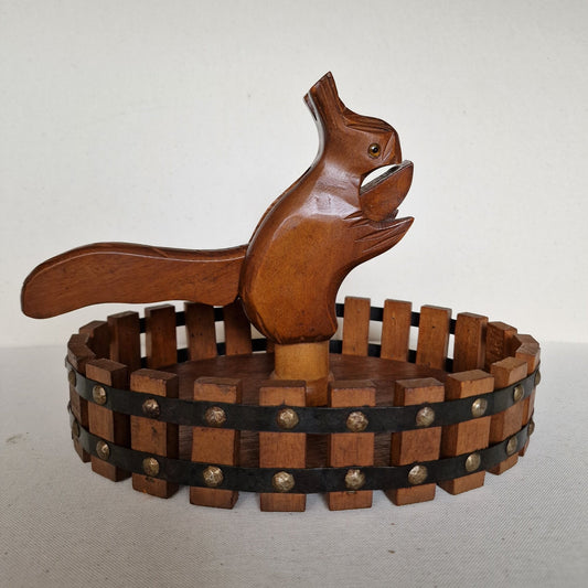 art deco NUTCRACKER SQUIRL in basket, wood, 1930's Holland