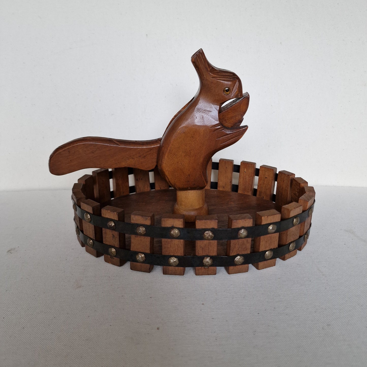 art deco NUTCRACKER SQUIRL in basket, wood, 1930's Holland