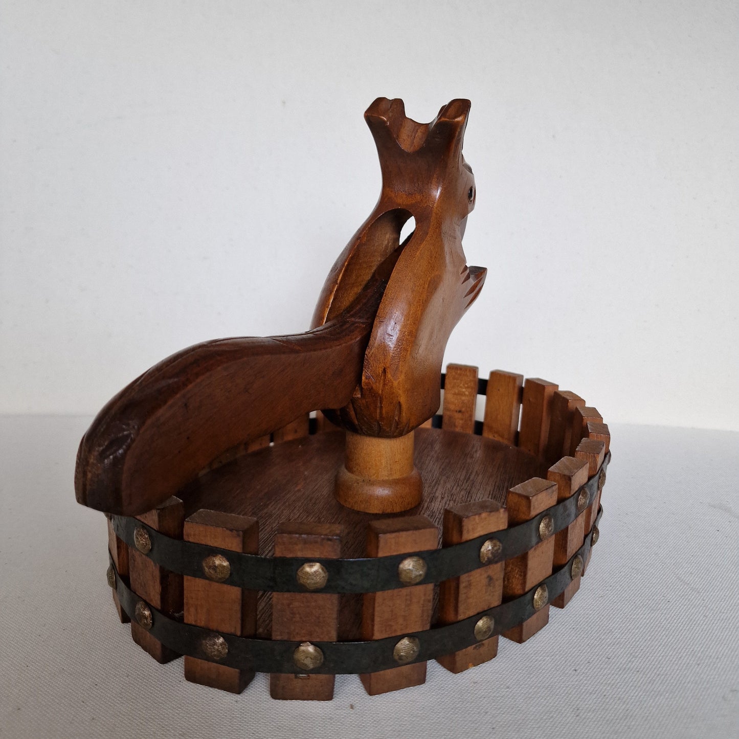 art deco NUTCRACKER SQUIRL in basket, wood, 1930's Holland