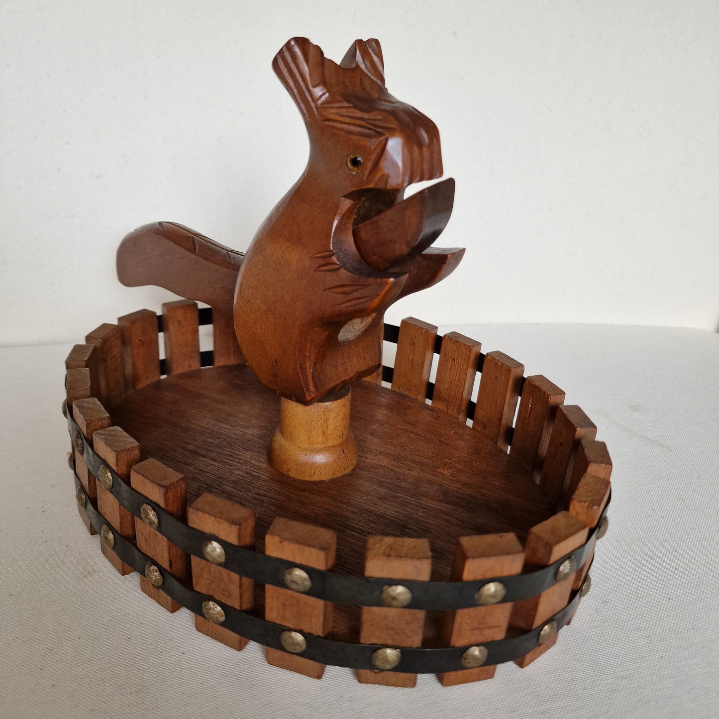 art deco NUTCRACKER SQUIRL in basket, wood, 1930's Holland
