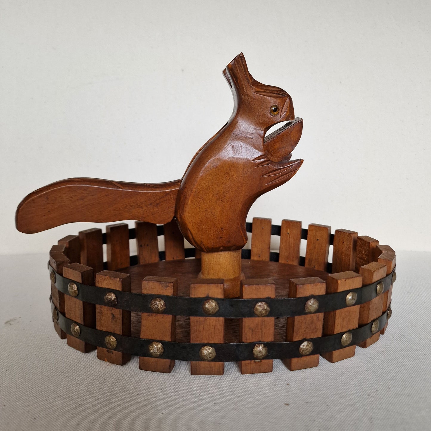 art deco NUTCRACKER SQUIRL in basket, wood, 1930's Holland