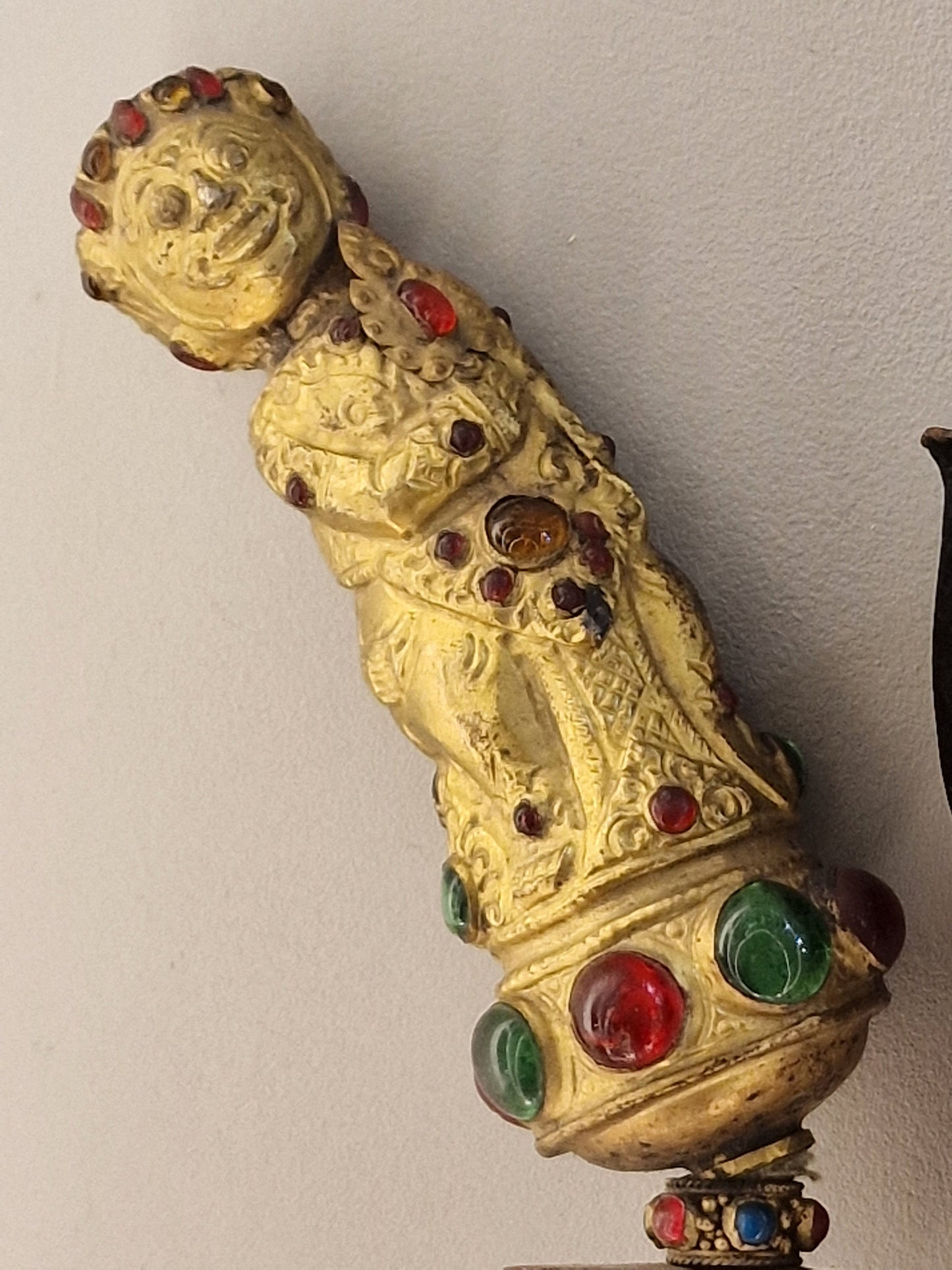 Antique Indonesian Keris Dagger, Gold Plated Figure Handle, Gemstones, 19th Century