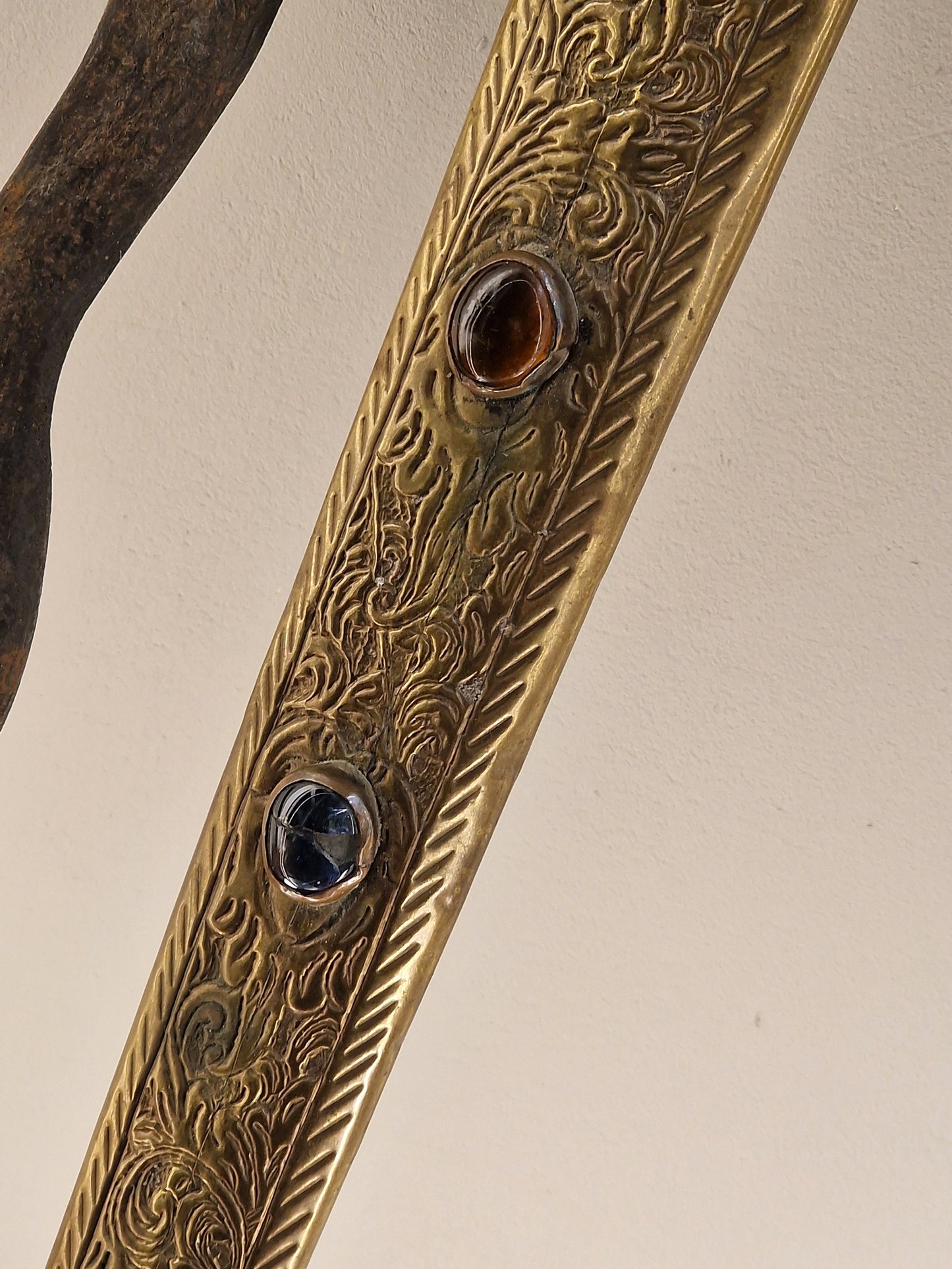 Antique Indonesian Keris Dagger, Gold Plated Figure Handle, Gemstones, 19th Century