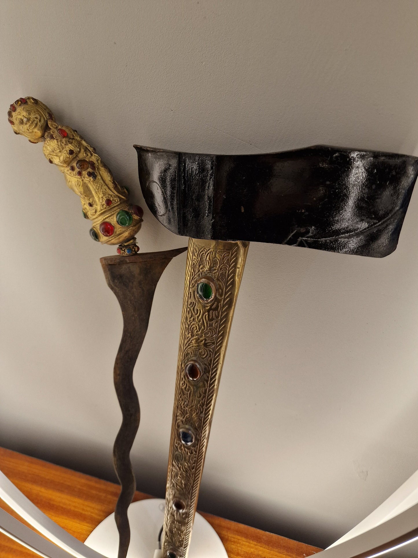 Antique Indonesian Keris Dagger, Gold Plated Figure Handle, Gemstones, 19th Century