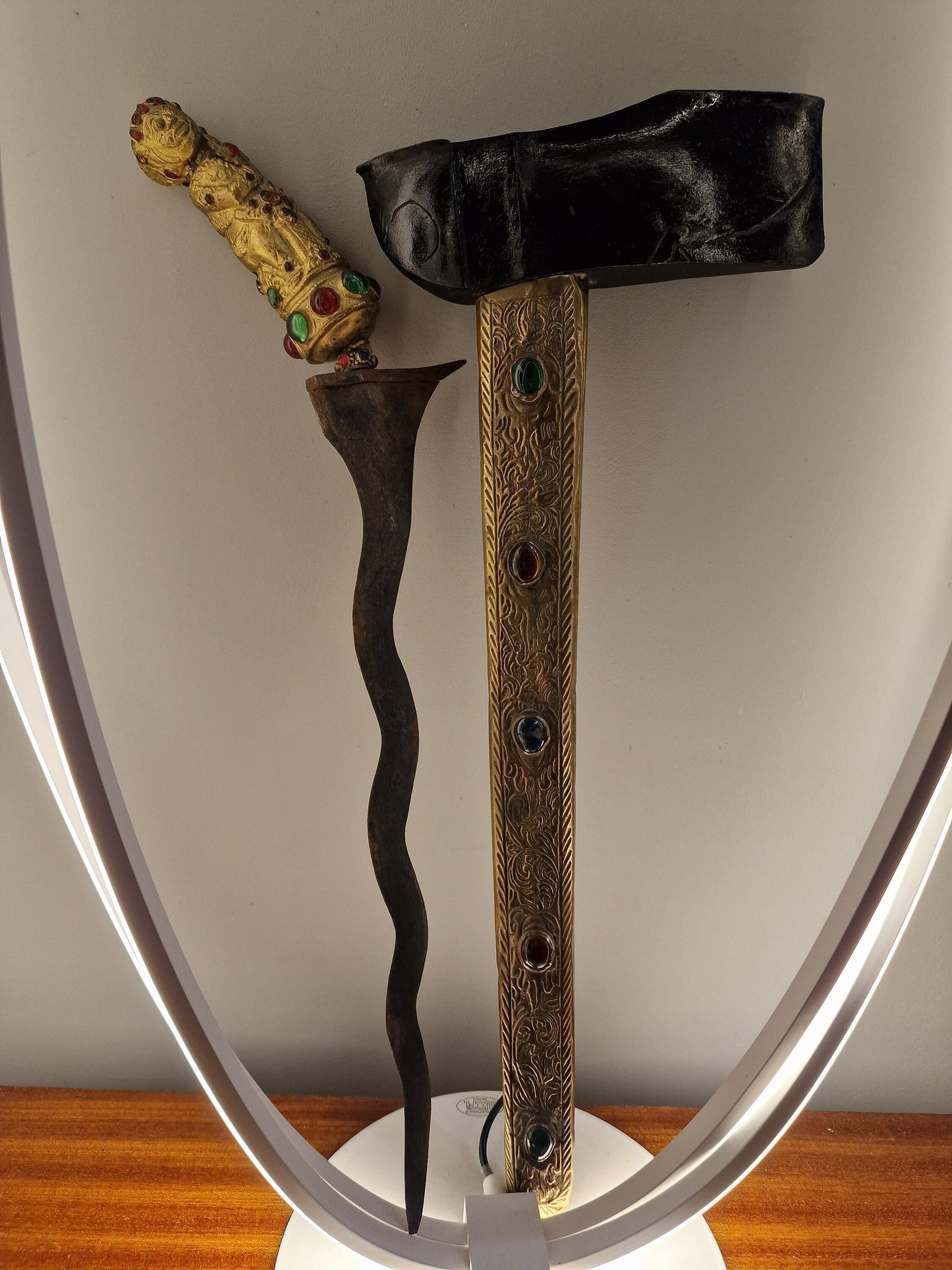 Antique Indonesian Keris Dagger, Gold Plated Figure Handle, Gemstones, 19th Century