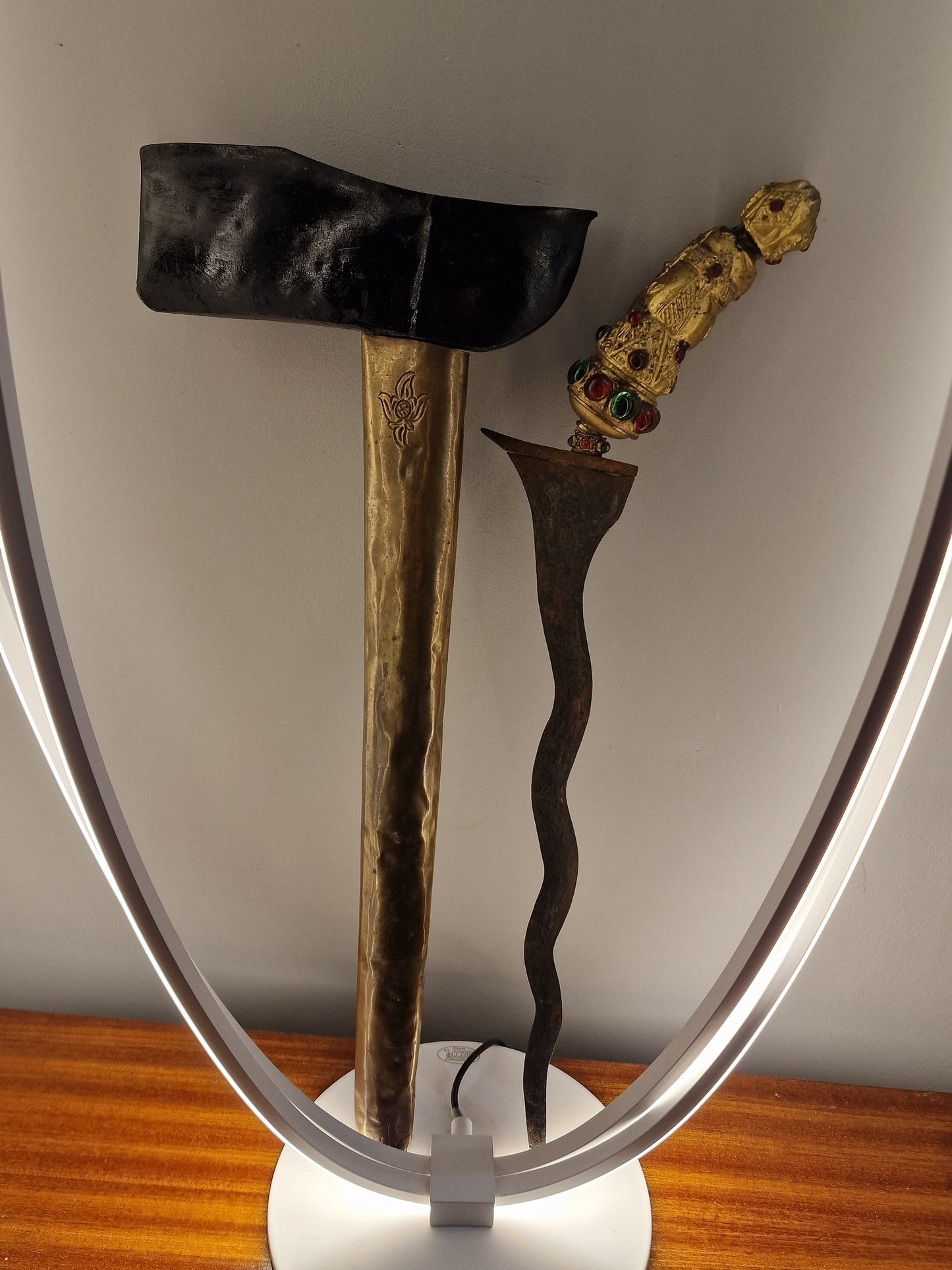 Antique Indonesian Keris Dagger, Gold Plated Figure Handle, Gemstones, 19th Century