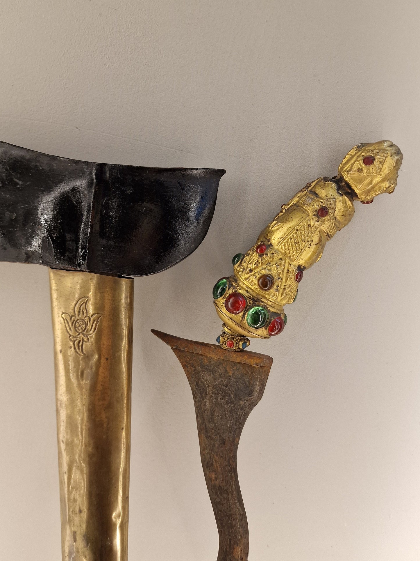 Antique Indonesian Keris Dagger, Gold Plated Figure Handle, Gemstones, 19th Century
