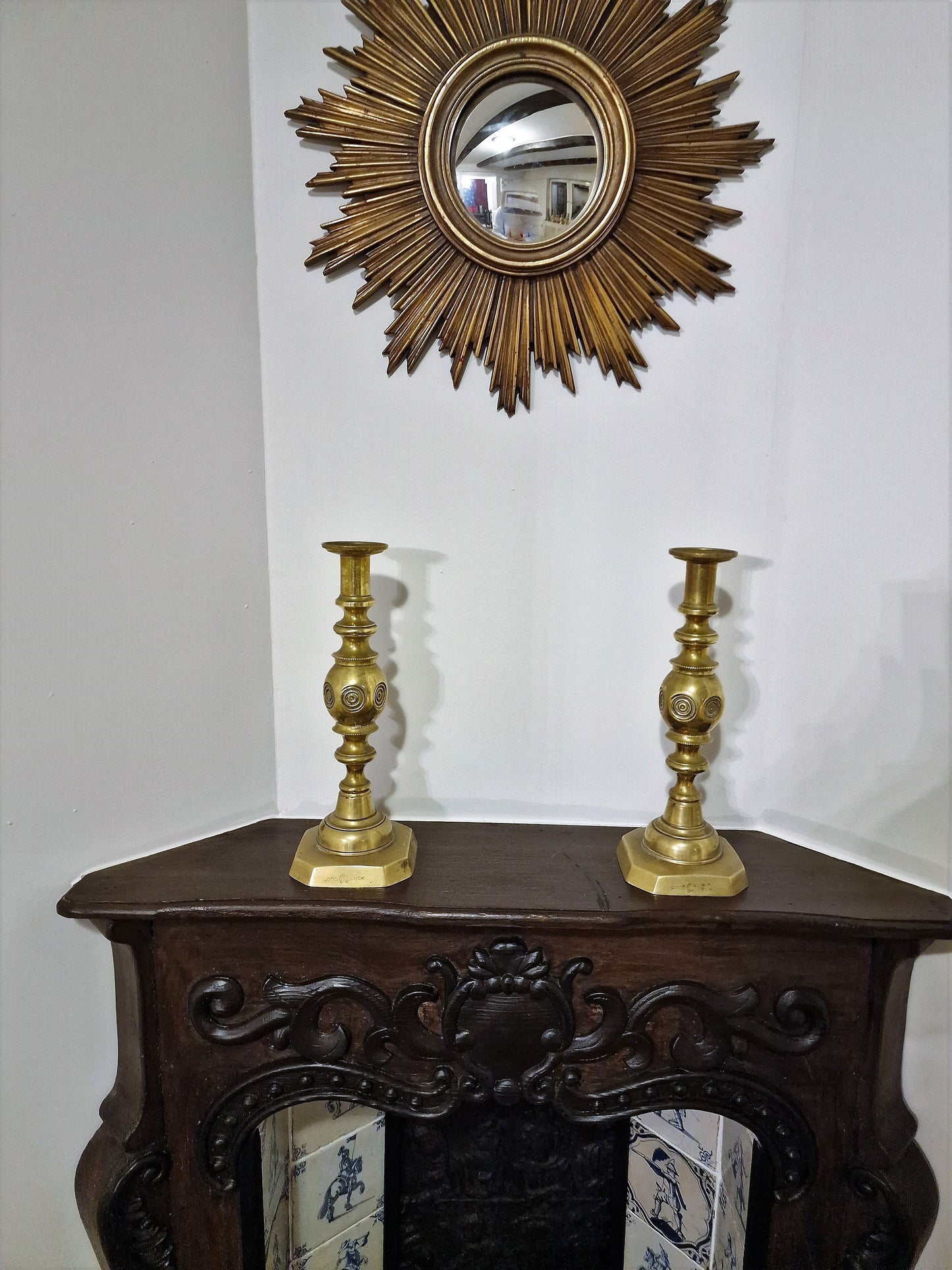 Antique Brass Candlestick Pair, Arts & Crafts, Queen Victoria Jubilee