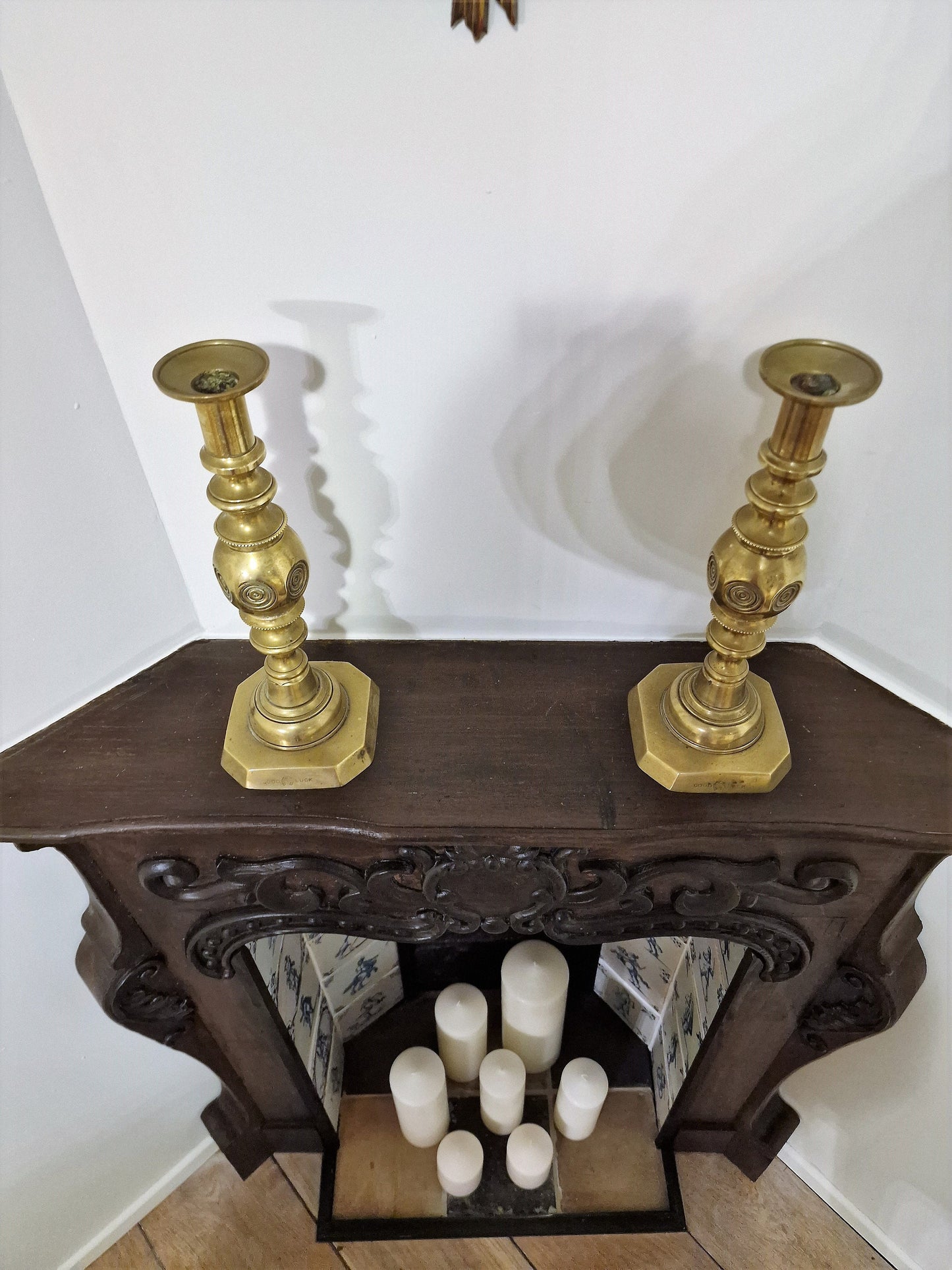 Antique Brass Candlestick Pair, Arts & Crafts, Queen Victoria Jubilee