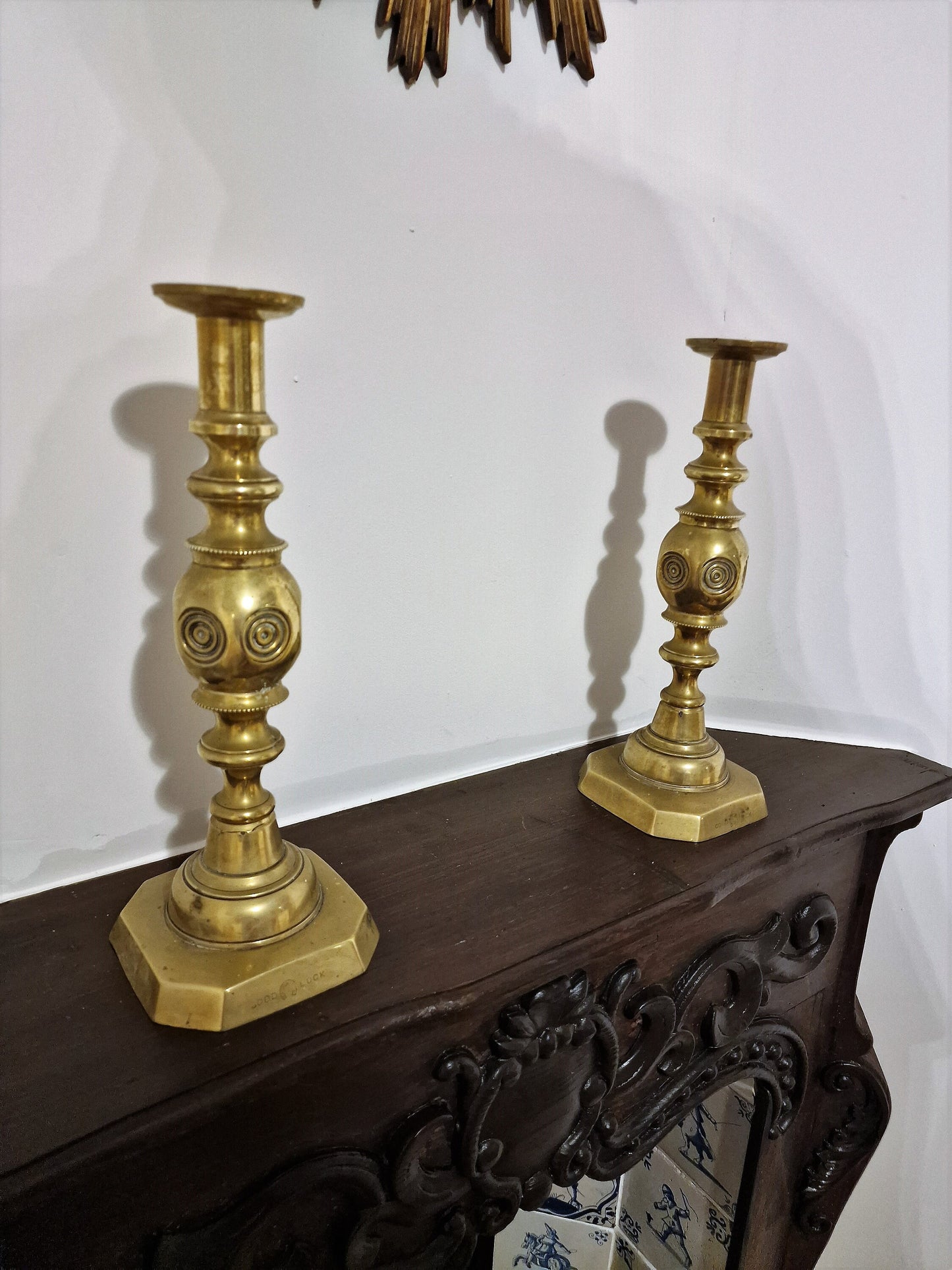 Antique Brass Candlestick Pair, Arts & Crafts, Queen Victoria Jubilee