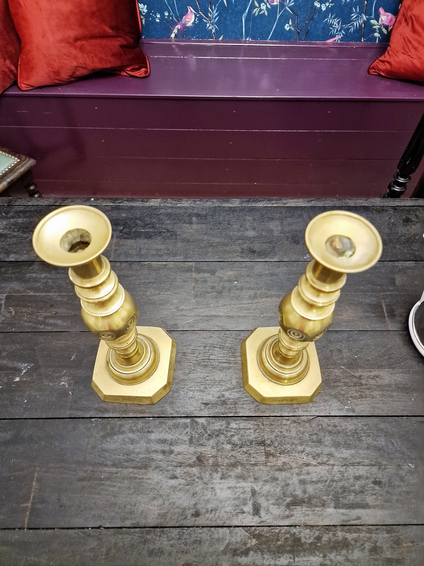 Antique Brass Candlestick Pair, Arts & Crafts, Queen Victoria Jubilee