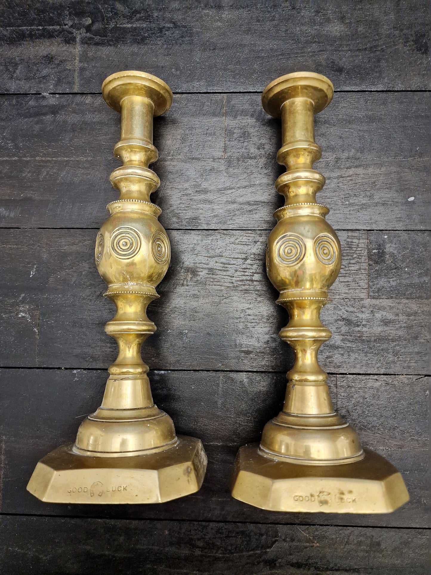 Antique Brass Candlestick Pair, Arts & Crafts, Queen Victoria Jubilee