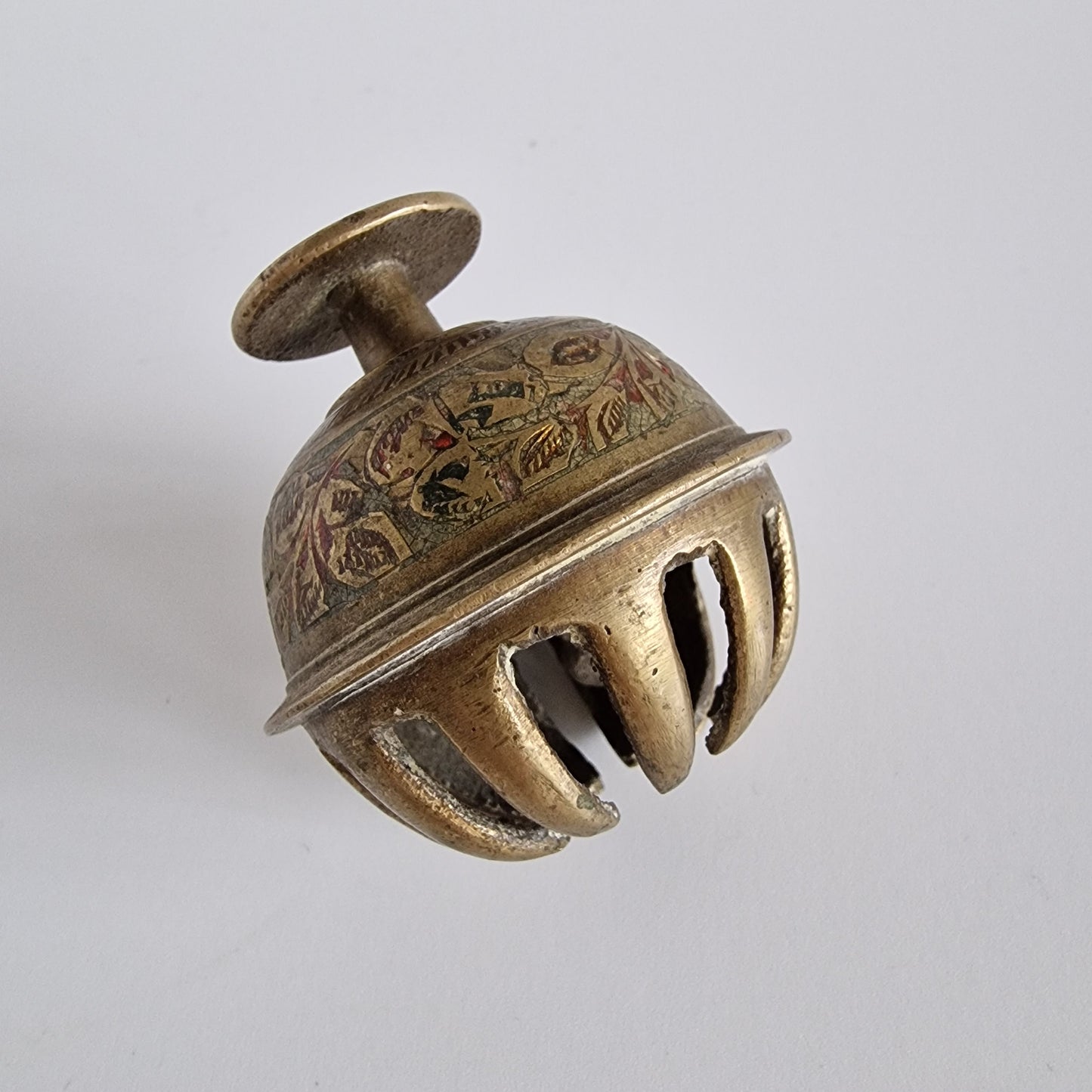 Antique Brass Elephant Bell, Enamel Accents, Indian Decor