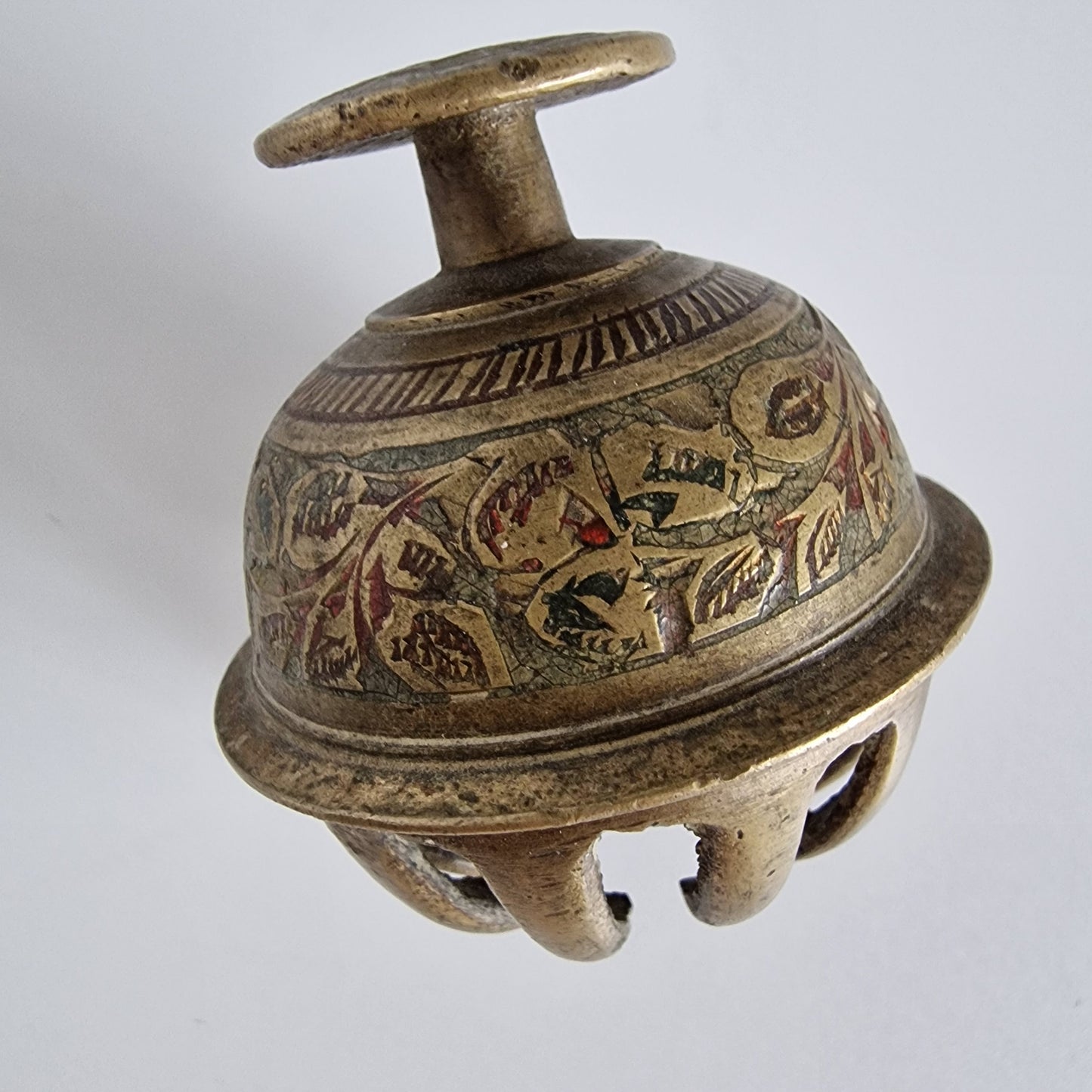 Antique Brass Elephant Bell, Enamel Accents, Indian Decor