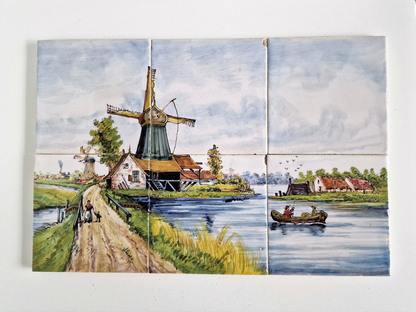 Antique Delft Tile Tableau, Dutch Windmill Landscape, ca 1900