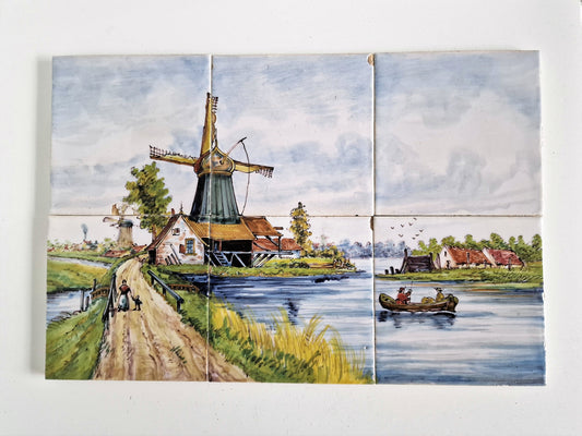 Antique Delft Tile Tableau, Dutch Windmill Landscape, ca 1900