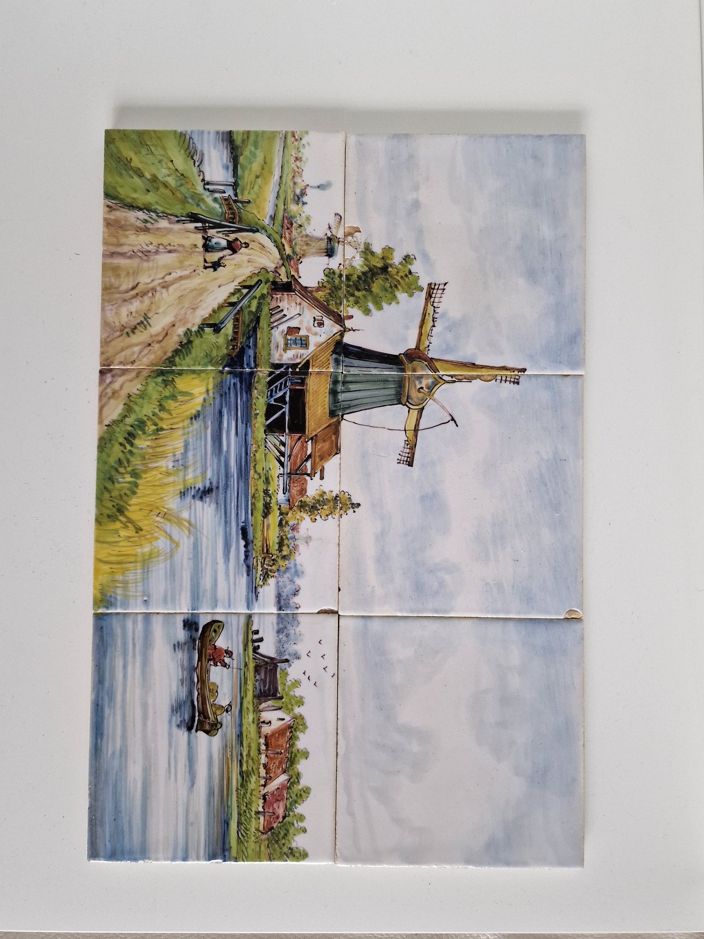 Antique Delft Tile Tableau, Dutch Windmill Landscape, ca 1900