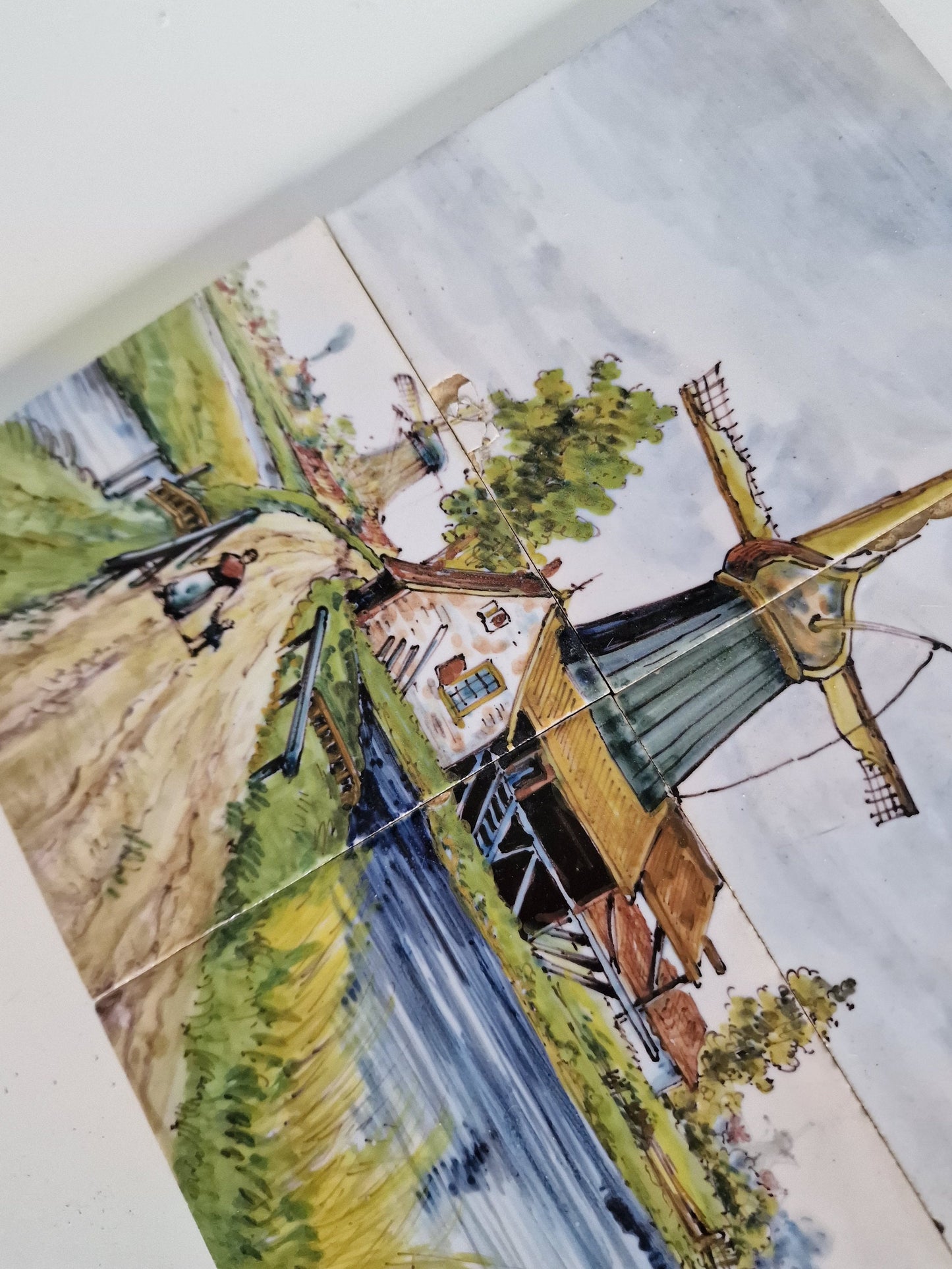 Antique Delft Tile Tableau, Dutch Windmill Landscape, ca 1900