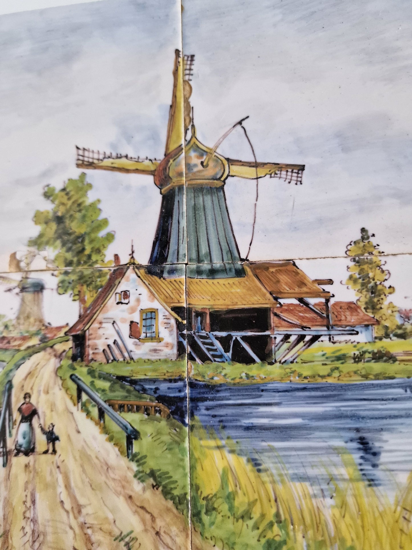Antique Delft Tile Tableau, Dutch Windmill Landscape, ca 1900