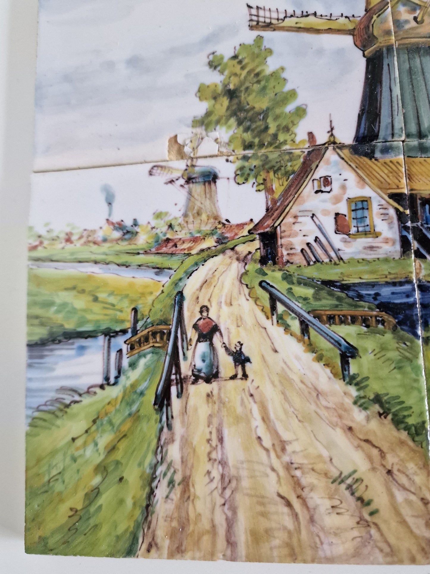 Antique Delft Tile Tableau, Dutch Windmill Landscape, ca 1900