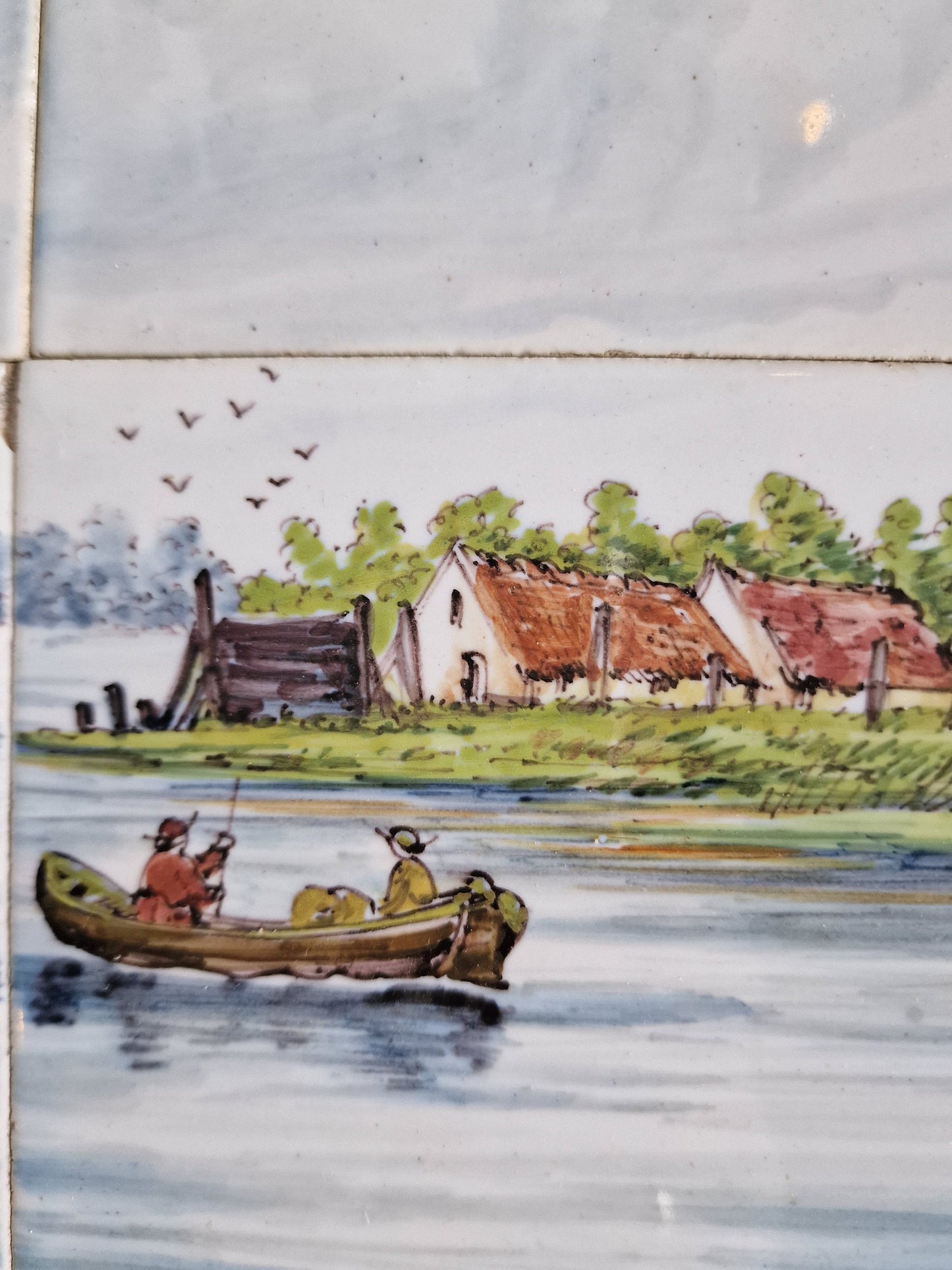 Antique Delft Tile Tableau, Dutch Windmill Landscape, ca 1900