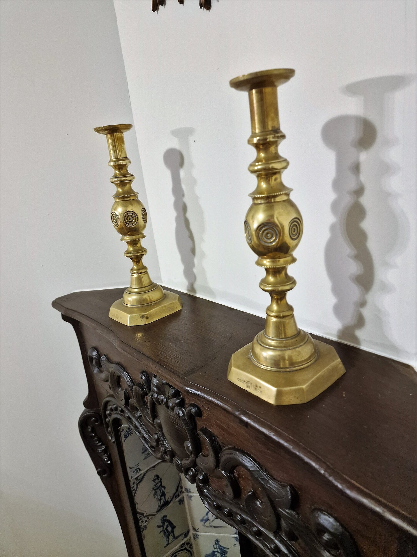 Antique Brass Candlestick Pair, Arts & Crafts, Queen Victoria Jubilee