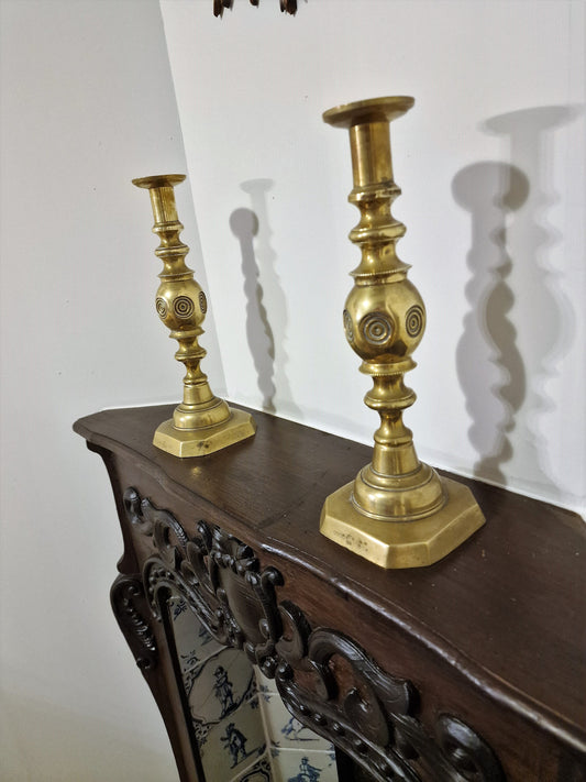 Antique Brass Candlestick Pair, Arts & Crafts, Queen Victoria Jubilee