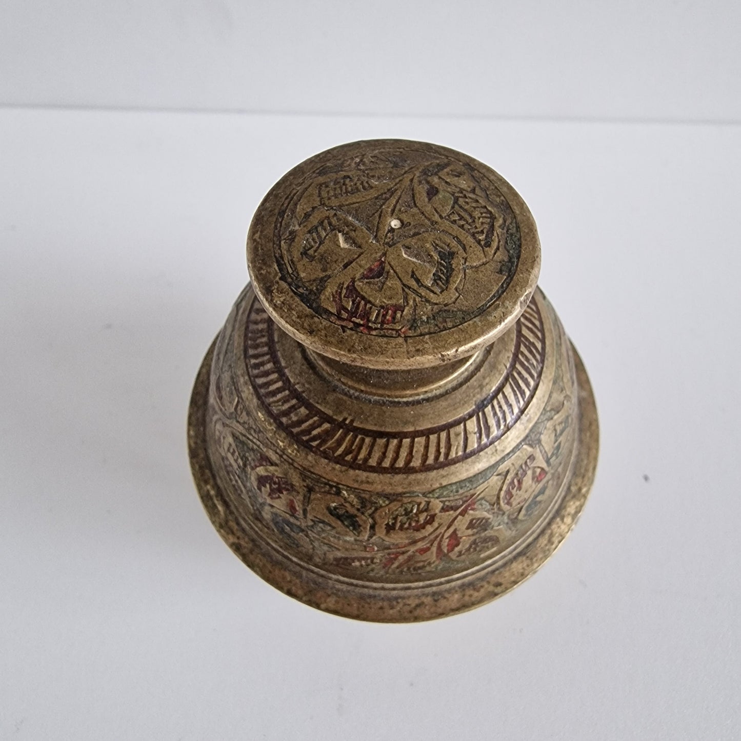 Antique Brass Elephant Bell, Enamel Accents, Indian Decor