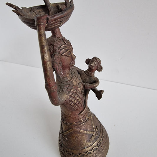 Antique Dhokra Art Bronze Mother and Baby Figurine, India