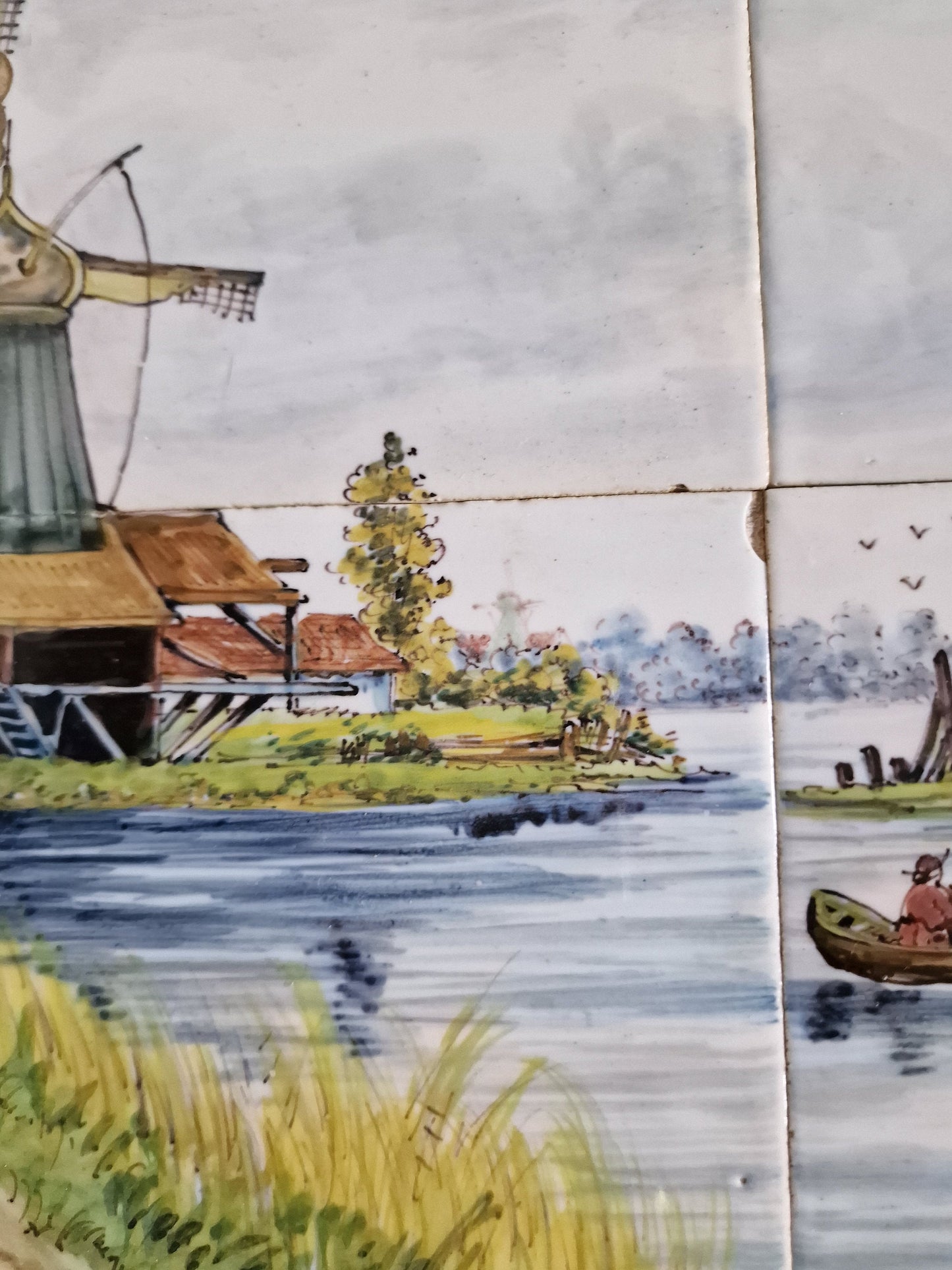 Antique Delft Tile Tableau, Dutch Windmill Landscape, ca 1900