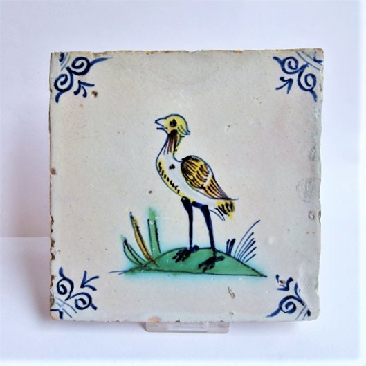 Antique Dutch Tile – Polychrome Bird, Ox Head Motifs (1625-1640)