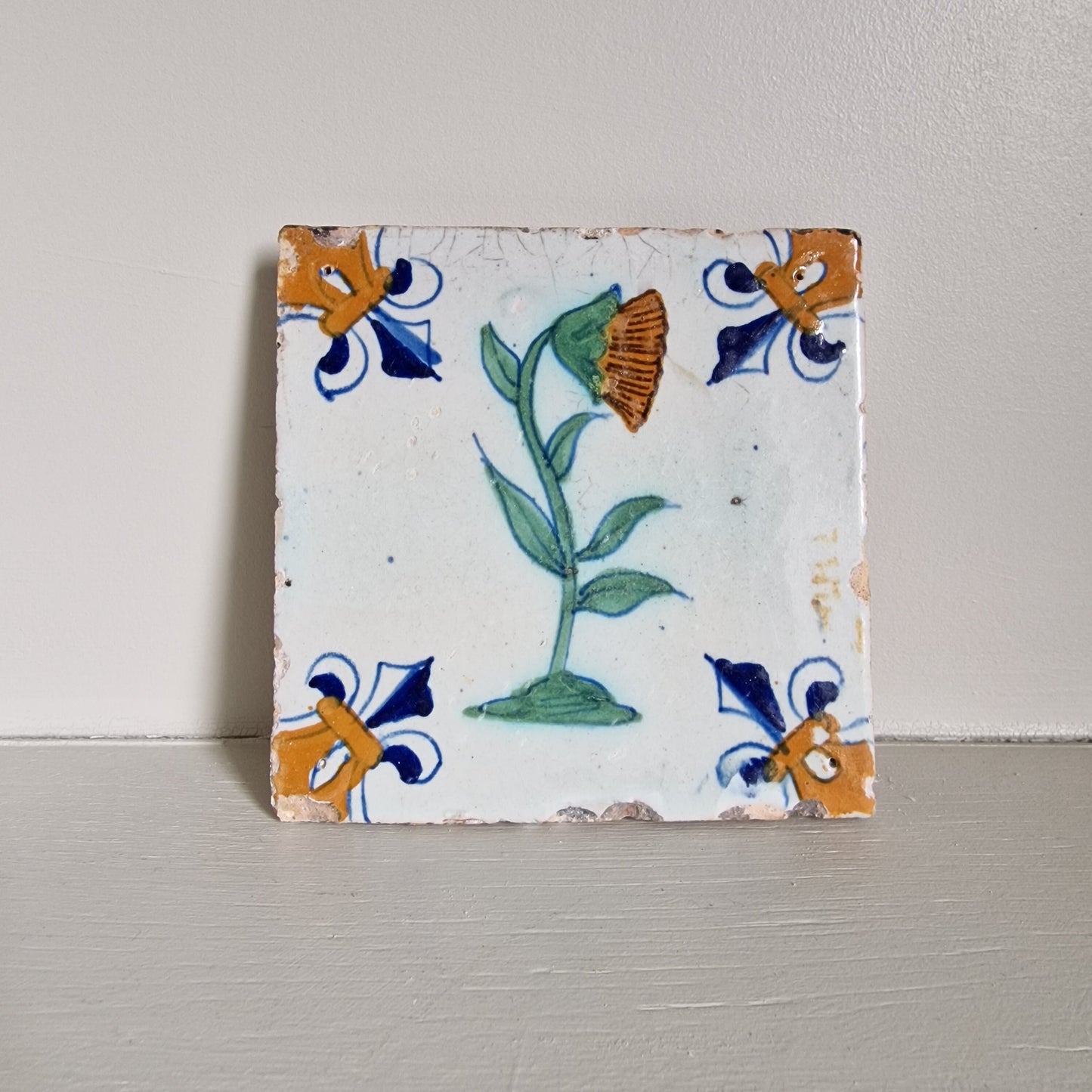 Antique Delft Sunflower Tile, 17th Century Dutch Polychrome