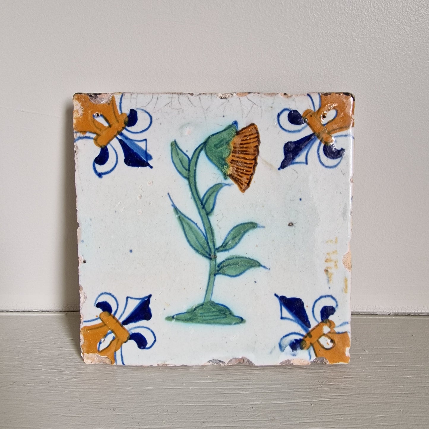 Antique Delft Sunflower Tile, 17th Century Dutch Polychrome