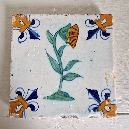 Antique Delft Sunflower Tile, 17th Century Dutch Polychrome