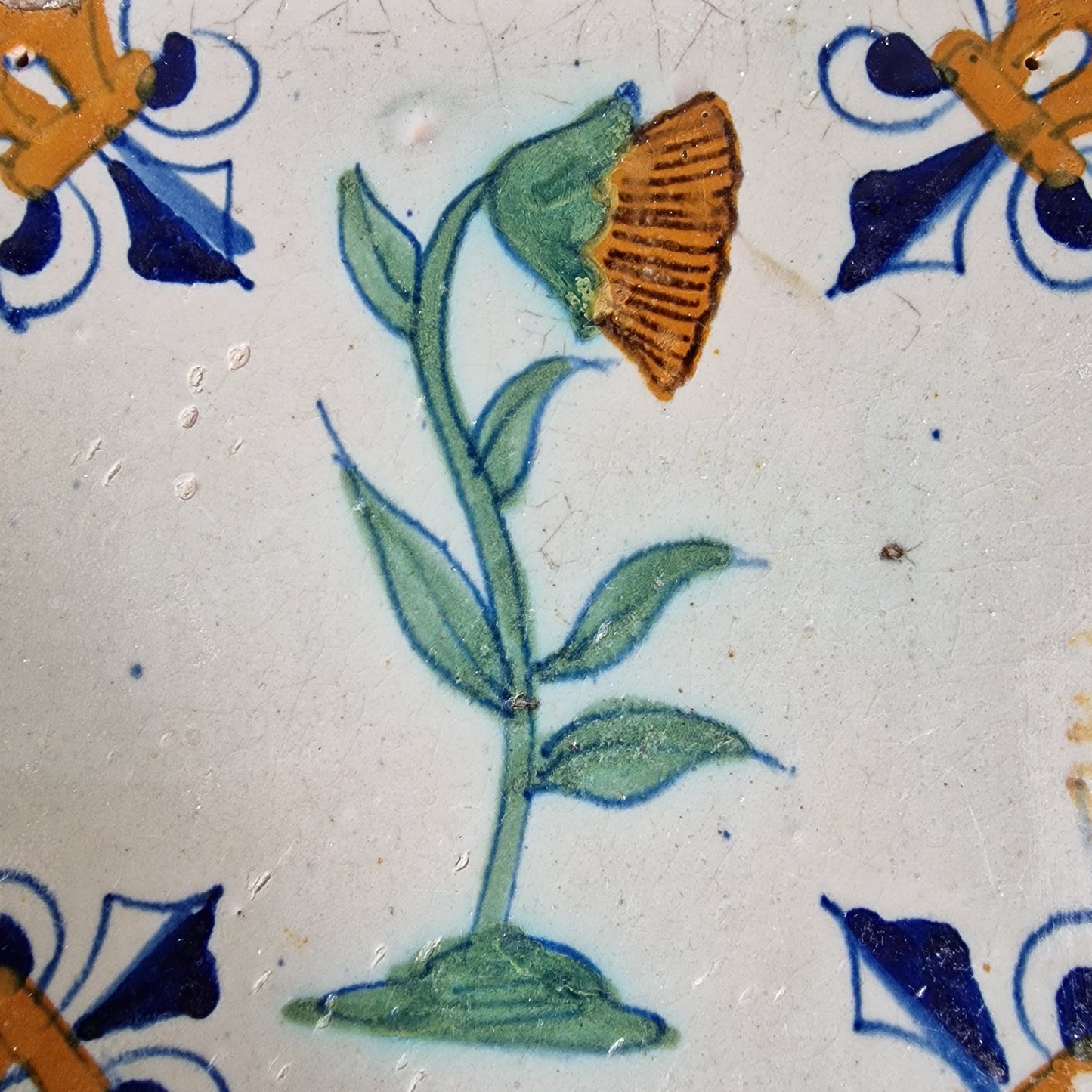 Antique Delft Sunflower Tile, 17th Century Dutch Polychrome