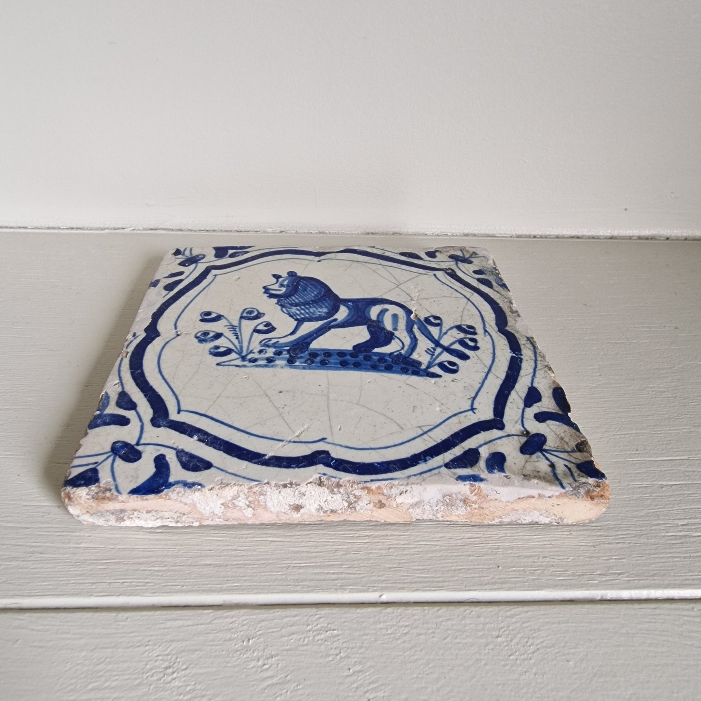 Antique Delft Tile – Lion Motif, Wanli Corner, 1620-1640