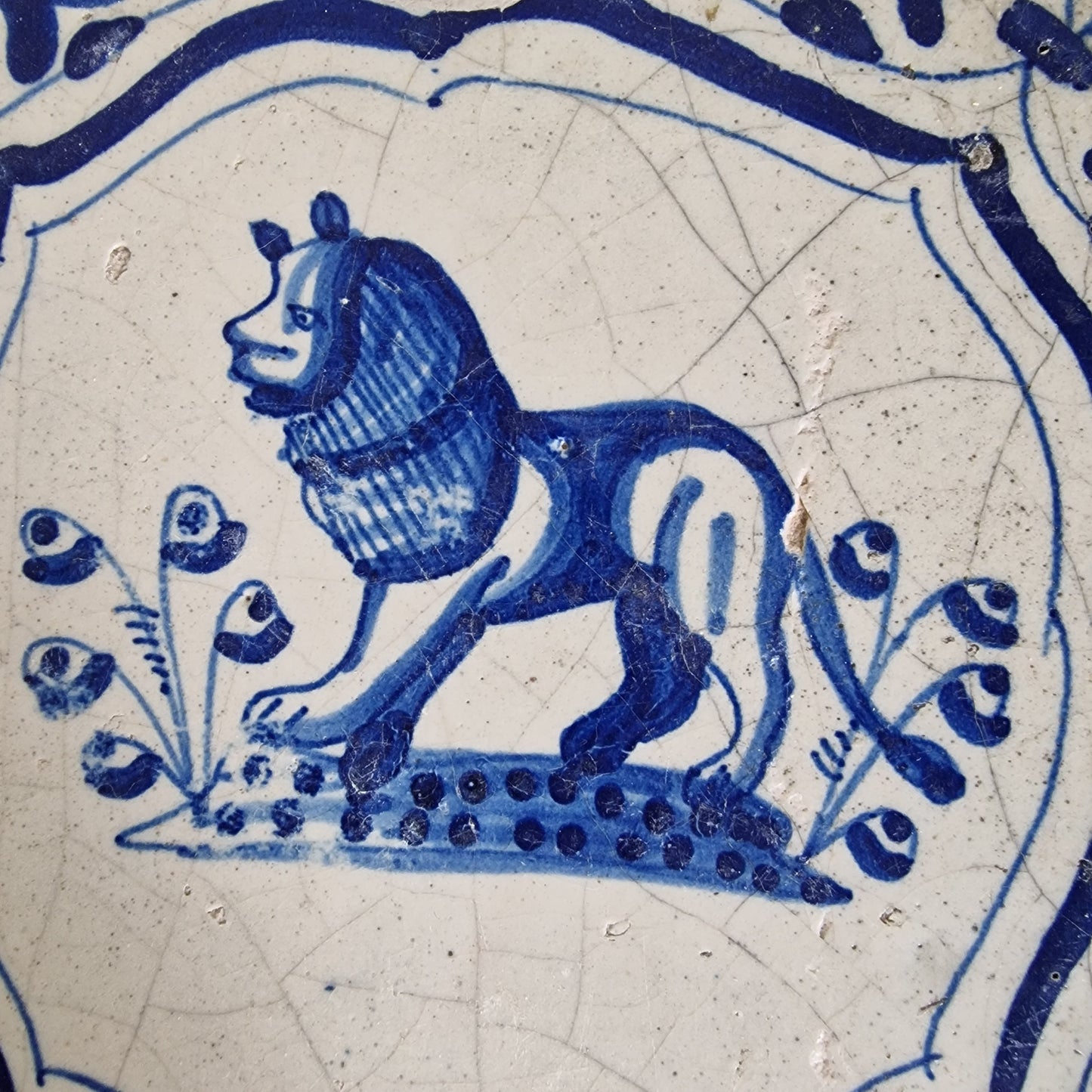 Antique Delft Tile – Lion Motif, Wanli Corner, 1620-1640