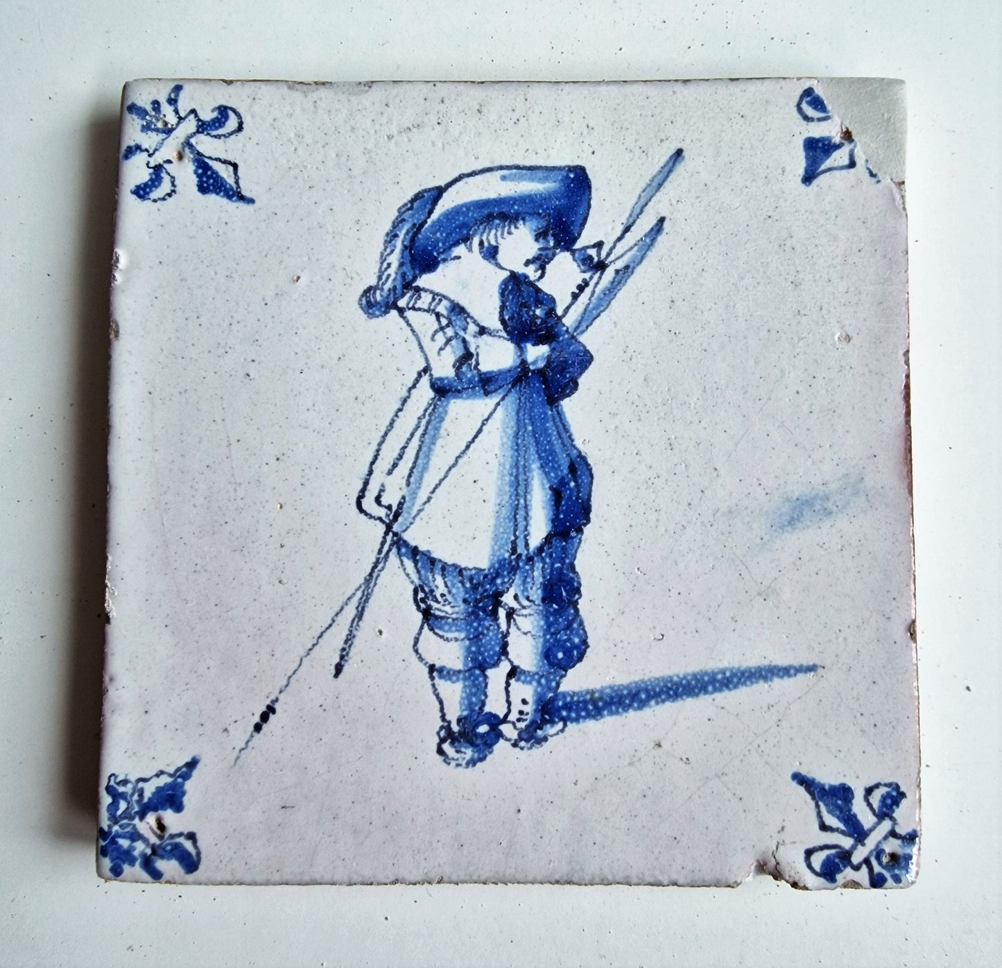 Antique Delft Tile, 17th Century Dutch Soldier, Ossenkop Motif, 1640