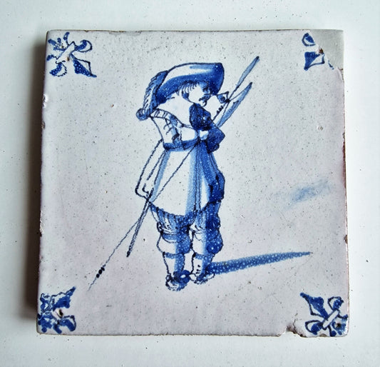 Antique Delft Tile, 17th Century Dutch Soldier, Ossenkop Motif, 1640