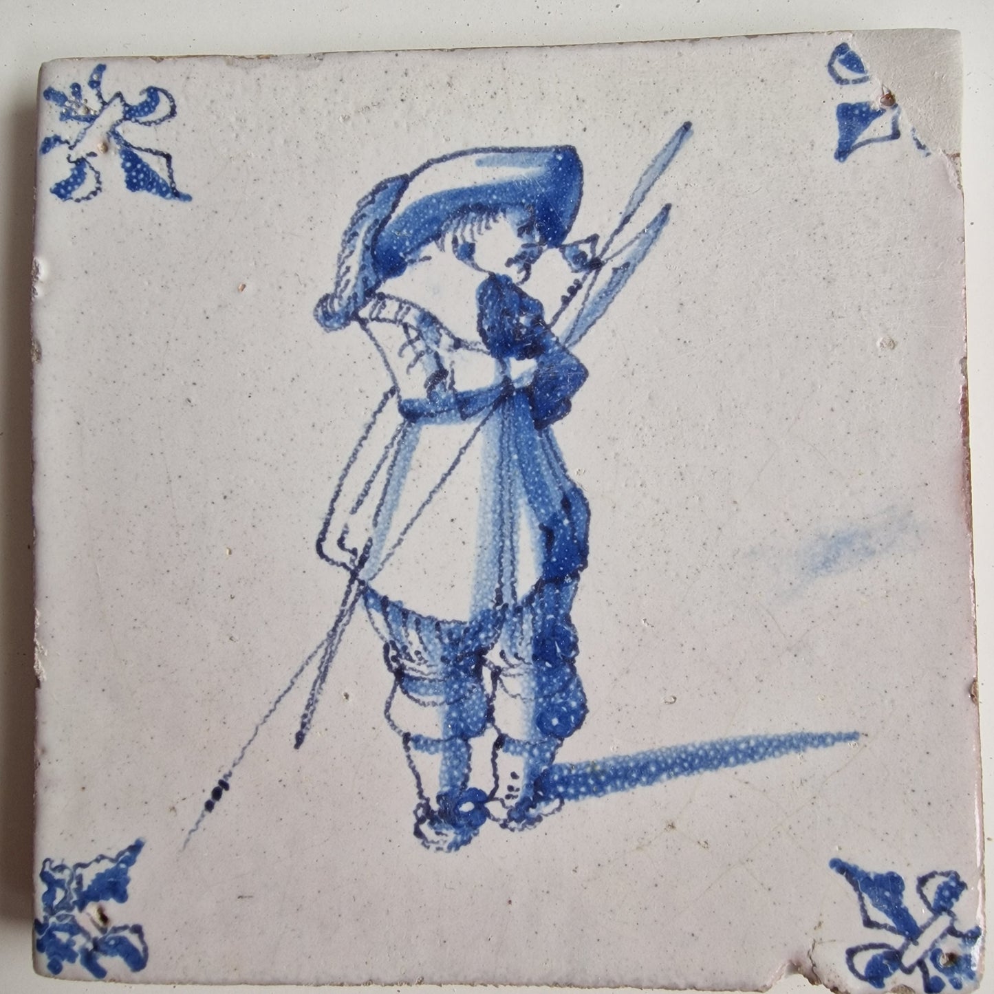 Antique Delft Tile, 17th Century Dutch Soldier, Ossenkop Motif, 1640