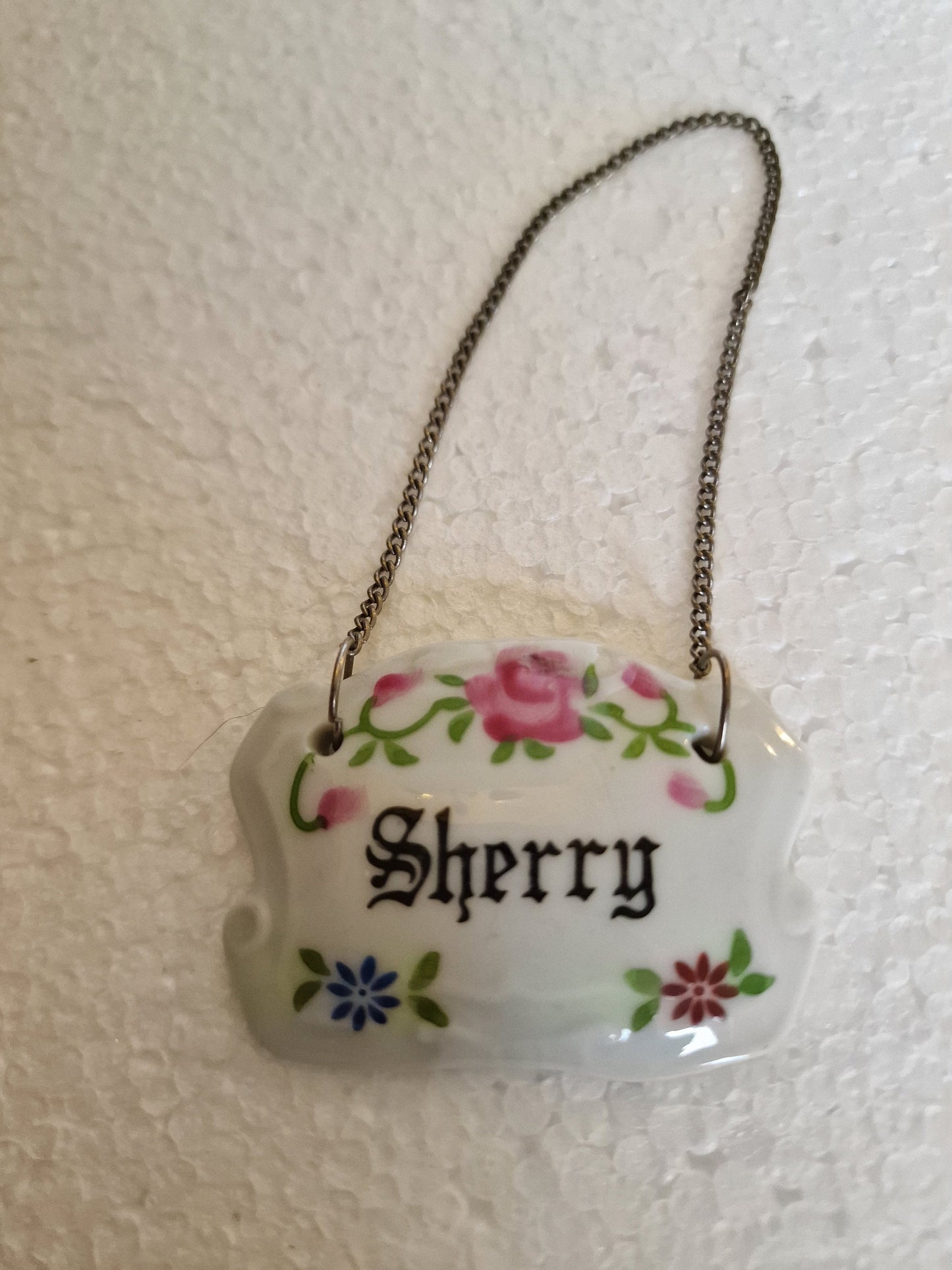 Porcelain Sherry Decanter Tag, Floral Bottle Label, English Country House