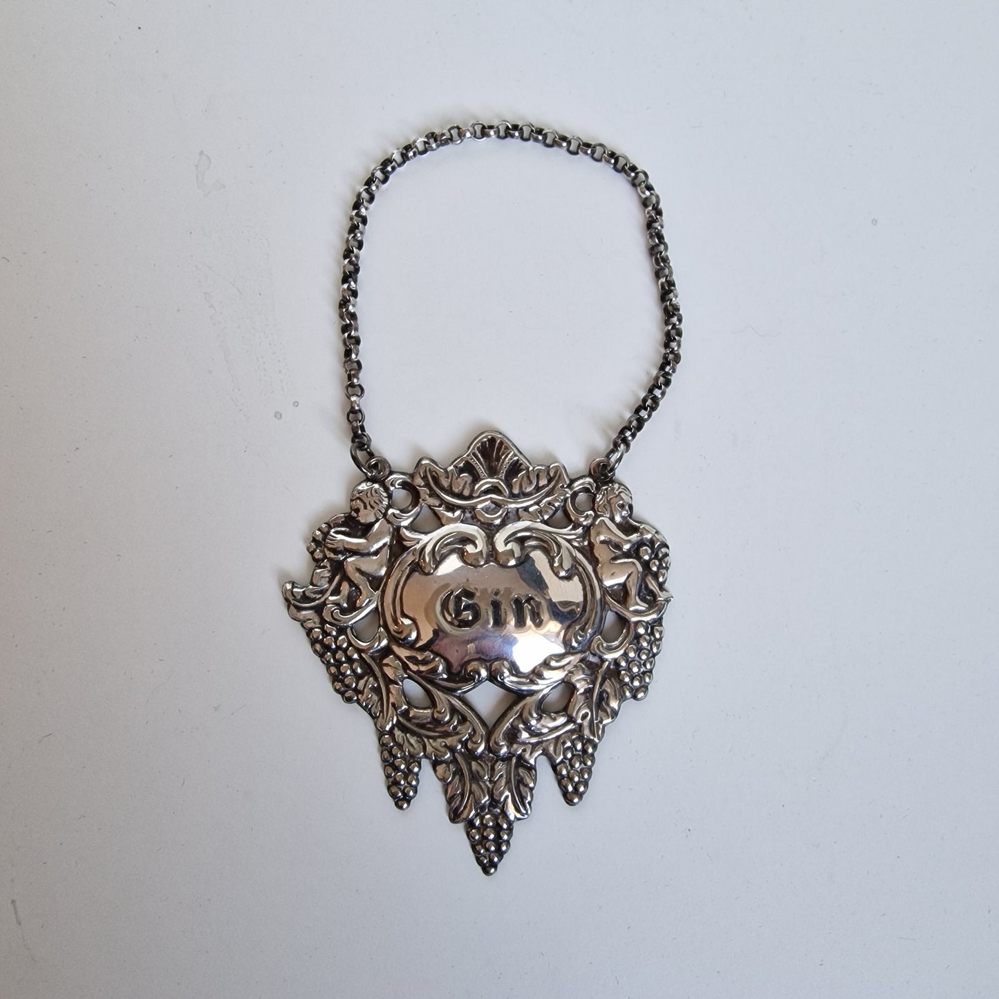 Antique Tested Silver Gin Decanter Label, Angels & Grapes Design