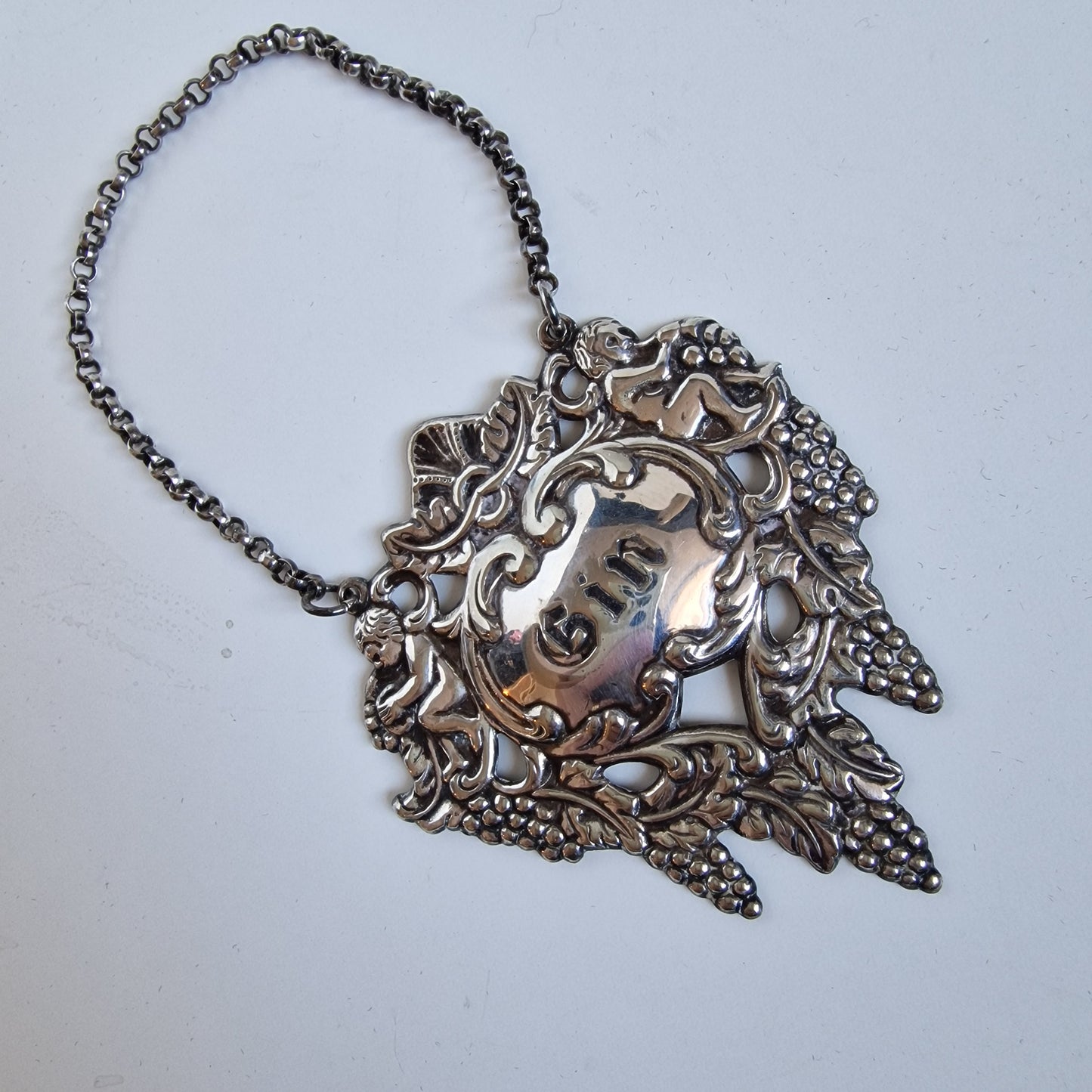 Antique Tested Silver Gin Decanter Label, Angels & Grapes Design