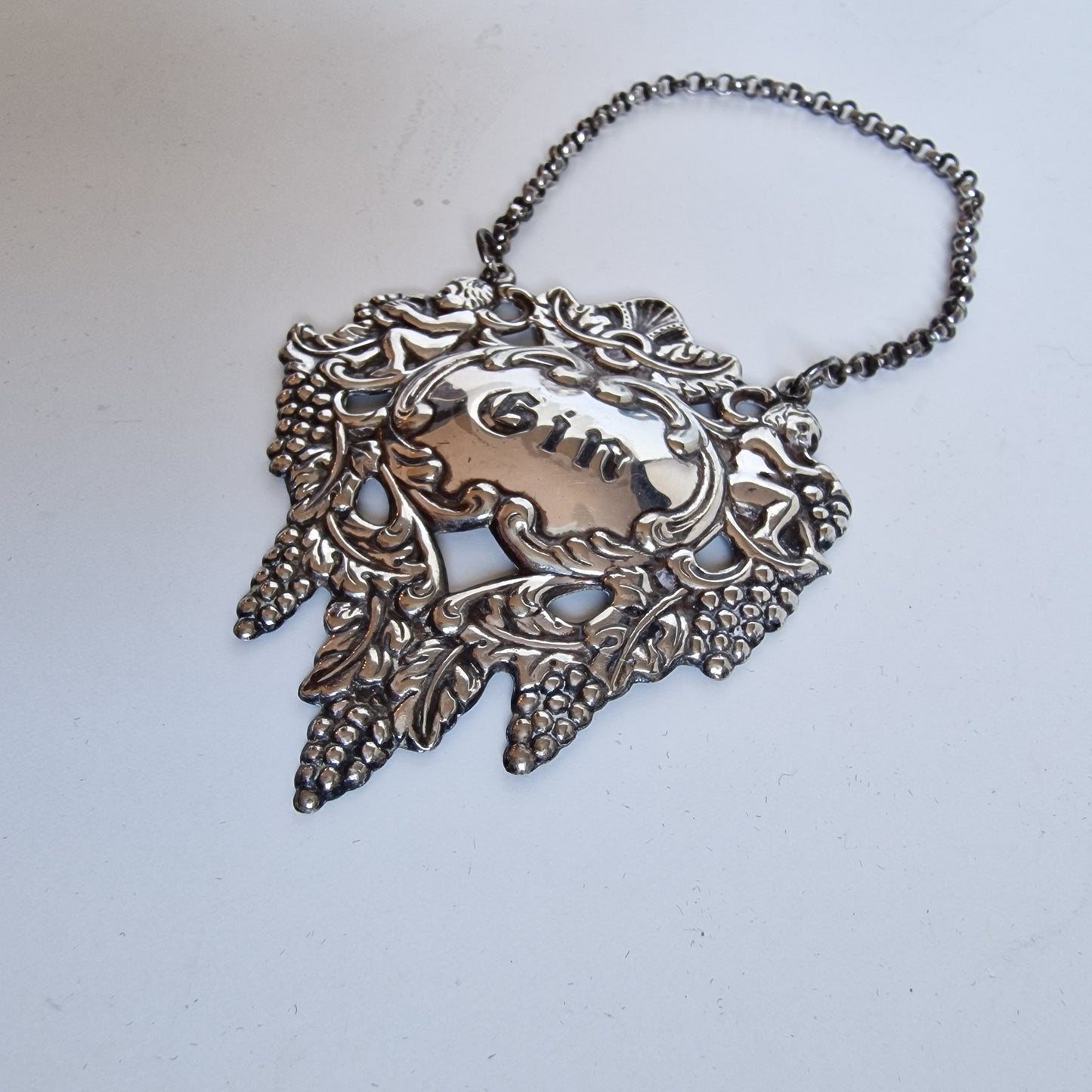 Antique Tested Silver Gin Decanter Label, Angels & Grapes Design